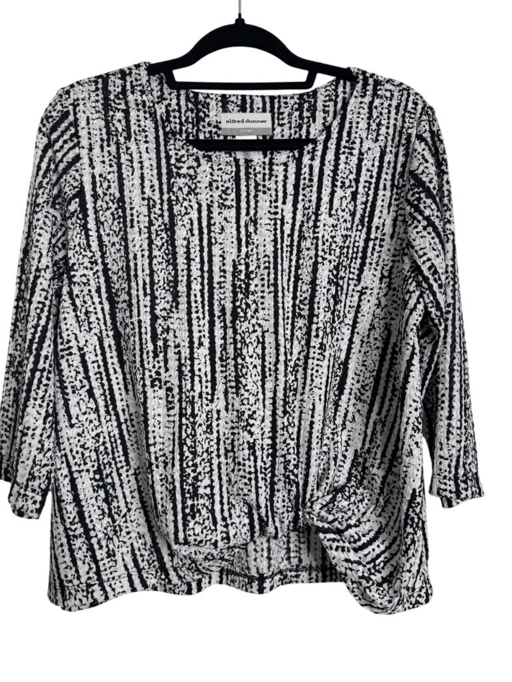 Alfred Dunner Textured Knot Blouse Size Petite Medium 3/4 Sleeve Black White NWT